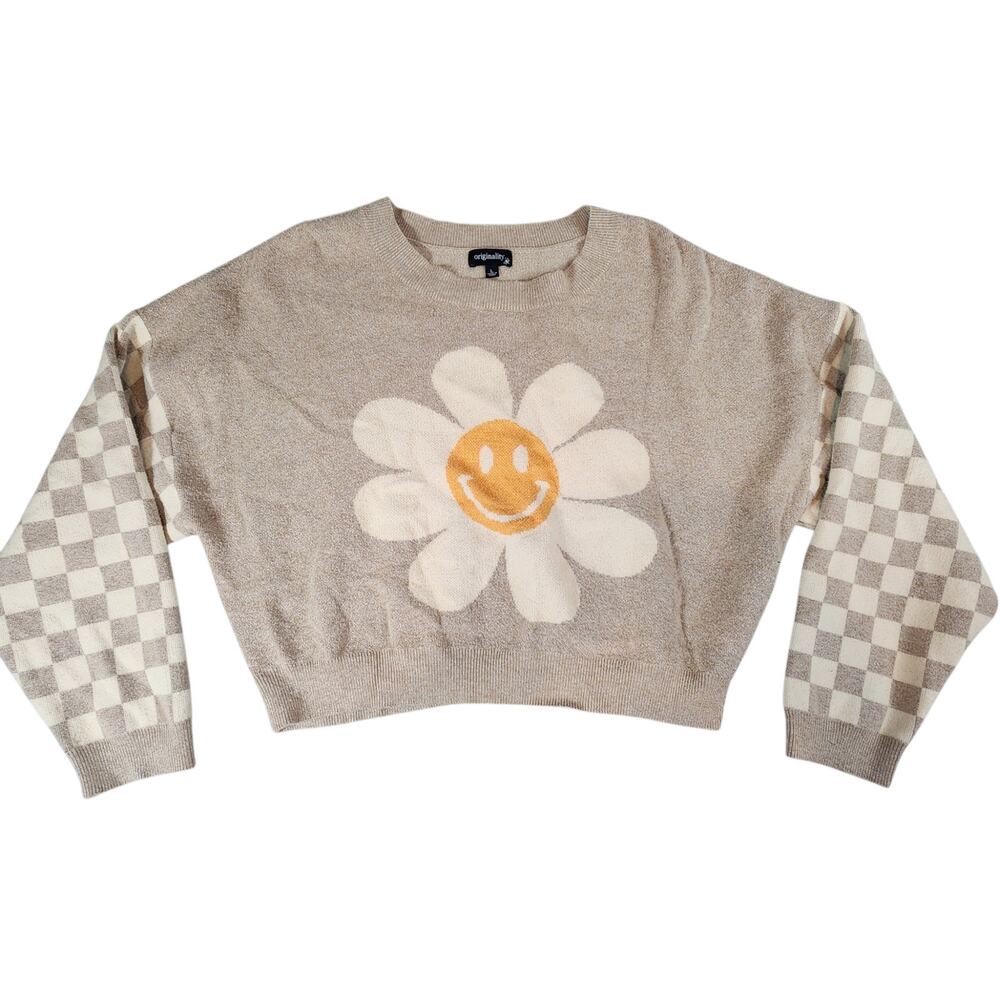 Originality Large long sleeve smiley face daisy checked boxy sweater tan‎ cream